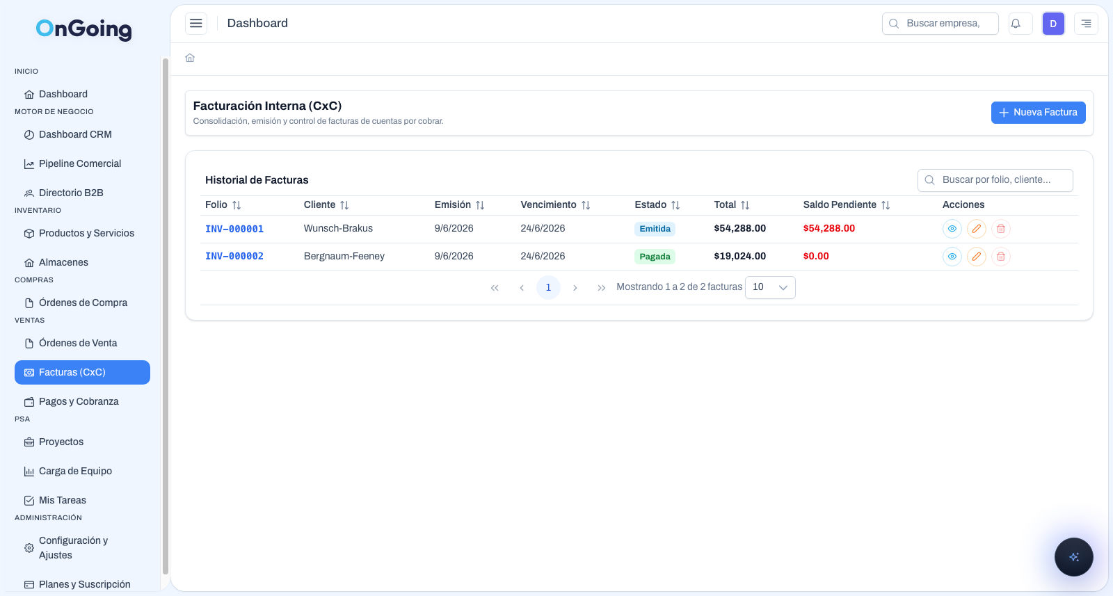 OnGoing V2 Financial Invoices